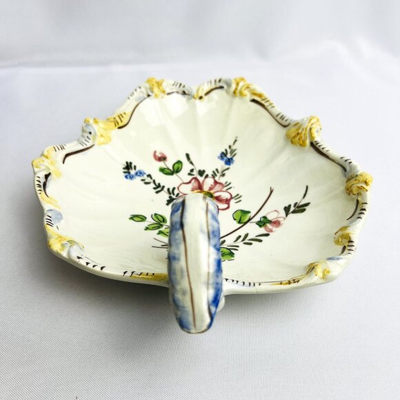 Italian Hand-Painted Vintage Ceramic Dish with Handle - Floral Design, Scalloped - Picture 4 of 10